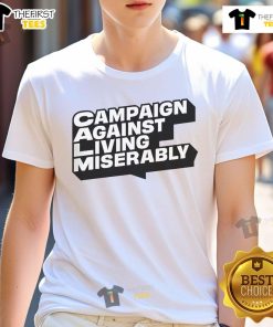 Official Campaign Against Living Miserably T-Shirt featuring bold logo and design promoting mental health awareness.