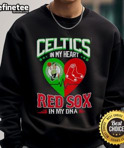 Official Celtics In My Heart Red Sox In My DNA sweatshirt featuring vibrant team logos and a cozy design for fans.