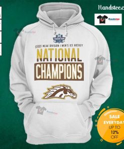 Alt Text: Official Champion Western Michigan Broncos grey hoodie celebrating 2025 National Men's Hockey Champions in locker room.