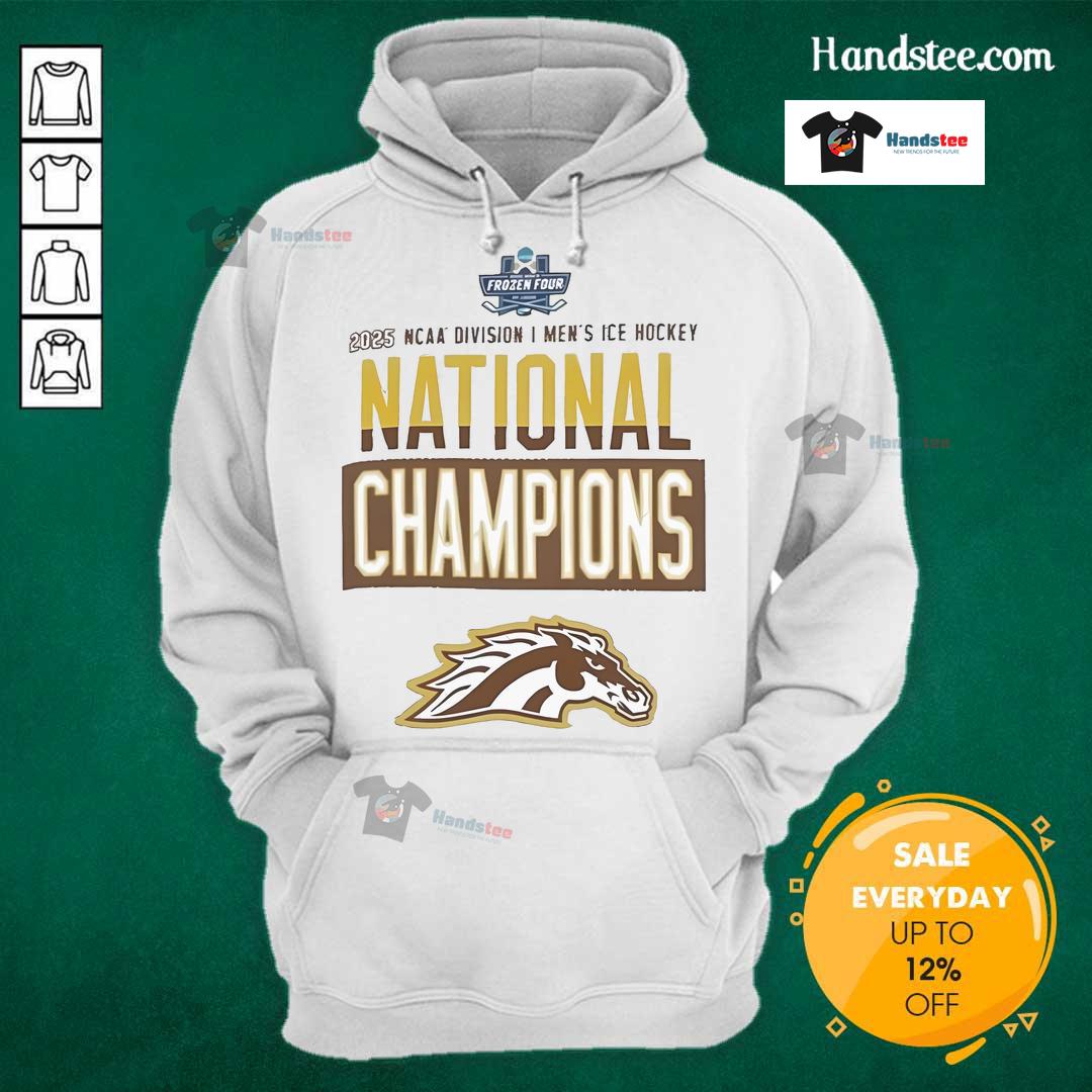 Official Champion Western Michigan Broncos Grey 2025 National Men's Hockey Champions Locker Room Hoodie Alt Text: Official Champion Western Michigan Broncos grey hoodie celebrating 2025 National Men's Hockey Champions in locker room.