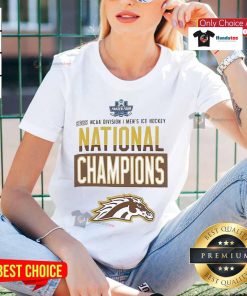 Alt Text: Official Champion Western Michigan Broncos Grey 2025 National Men's Hockey Champions Locker Room Ladies Tee