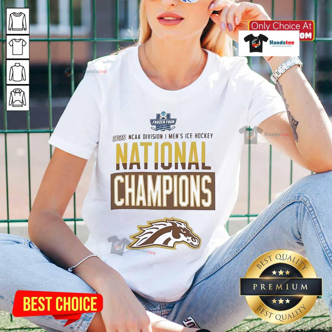 Official Champion Western Michigan Broncos Grey 2025 National Men's Hockey Champions Locker Room Ladies-Tee Alt Text: Official Champion Western Michigan Broncos Grey 2025 National Men's Hockey Champions Locker Room Ladies Tee