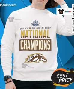 Official Champion Western Michigan Broncos grey sweatshirt for 2025 National Men's Hockey Champions locker room.