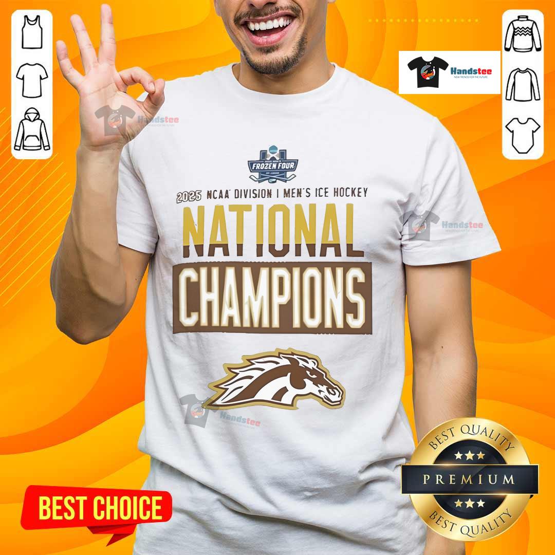Official Champion Western Michigan Broncos Grey 2025 National Men's Hockey Champions Locker Room T-Shirt Alt Text: Official Champion Western Michigan Broncos Grey 2025 National Men's Hockey Champions T-Shirt displayed in locker room.