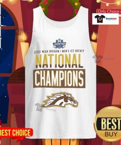 Official Champion Western Michigan Broncos grey tank top celebrating 2025 National Men's Hockey Champions locker room style.