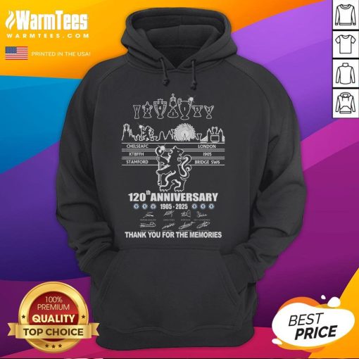 Alt Text: Official Chelsea FC 120th Anniversary hoodie celebrating 1905-2025, featuring Thank You For The Memories design.