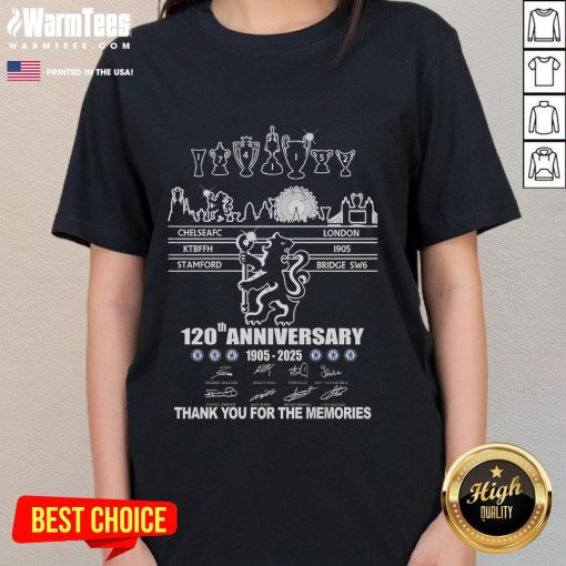 Alt Text: Official Chelsea FC 120th Anniversary Ladies Tee 1905-2025 - Thank You For The Memories design