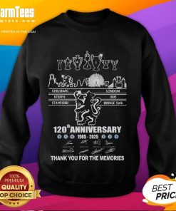Alt Text: Official Chelsea FC 120th Anniversary sweatshirt, celebrating 1905-2025 with Thank You For The Memories design.