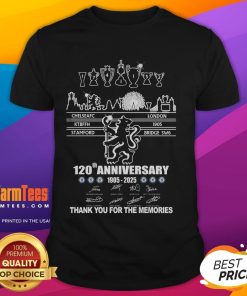 Official Chelsea FC 120th Anniversary T-Shirt 1905-2025 featuring 'Thank You For The Memories' design.