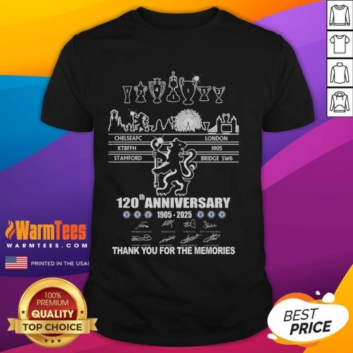 Official Chelsea FC 120th Anniversary T-Shirt 1905-2025 featuring 'Thank You For The Memories' design.