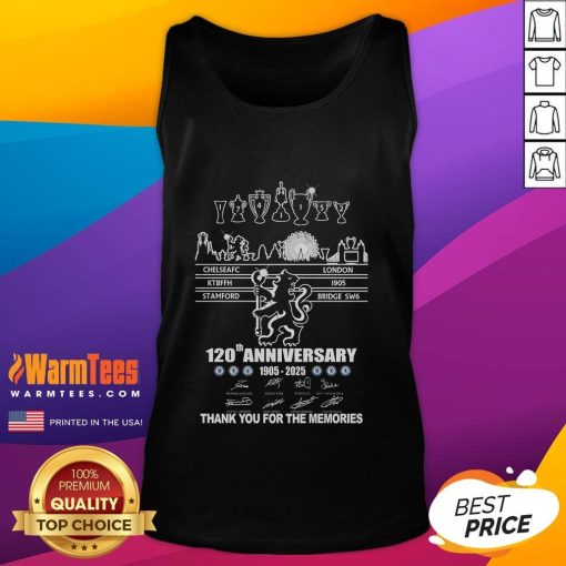 Official Chelsea FC 120th Anniversary tank top 1905-2025, celebrating memories and fan loyalty in stylish design.