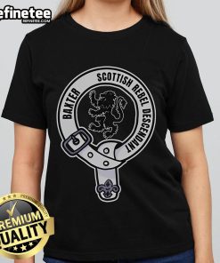 Alt Text: Official Clan Baxter Scottish Rebel Descendant Crest on a stylish ladies tee, perfect for heritage enthusiasts.