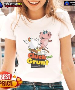 Official Classic American Diner The Cluck And Grunt tee for ladies, showcasing vintage diner style in Creekside, Wisconsin.