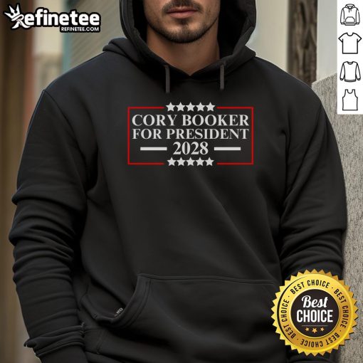 Alt Text: Official Cory Booker For President 2028 hoodie featuring campaign logo and vibrant design for supporters.