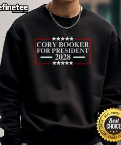 Alt Text: Official Cory Booker for President 2028 sweatshirt featuring a bold design and campaign logo in vibrant colors.