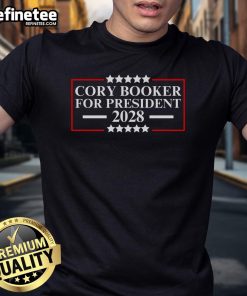 Official Cory Booker For President 2028 T-Shirt featuring campaign logo and bold lettering on a stylish design.