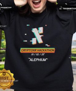 Alt Text: Official Cryptoxr Hackathon Alephium sweatshirt featuring logo and vibrant design, perfect for tech enthusiasts.