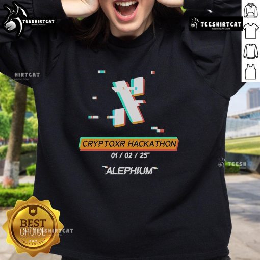 Alt Text: Official Cryptoxr Hackathon Alephium sweatshirt featuring logo and vibrant design, perfect for tech enthusiasts.