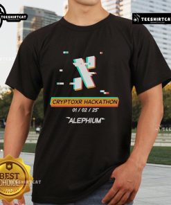 Alt Text: Official Cryptoxr Hackathon Alephium T-Shirt featuring unique design and logo for the 2025 event.
