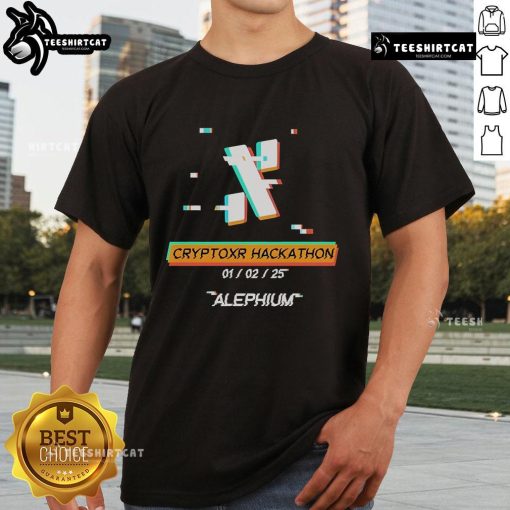 Alt Text: Official Cryptoxr Hackathon Alephium T-Shirt featuring unique design and logo for the 2025 event.