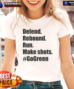 Alt Text: Official Defend Rebound Run Make Shots GoGreen Ladies Tee in vibrant green, perfect for sports enthusiasts.