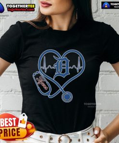 Official Detroit Tigers Caring Hearts Nurses Ladies Tee featuring team logo and heart design for nurses.
