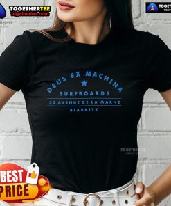 Alt Text: Official Deus Ex Machina Surfboards Biarritz surf address ladies tee featuring a stylish design for surfers.