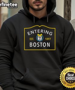 Alt Text: Official Boston Marathon route sign hoodie, established 1897, showcasing iconic race details and vibrant design.