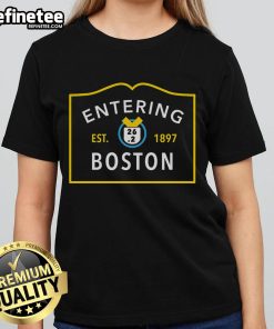 Official Boston Marathon route sign, established 1897, displayed on a ladies tee shirt design.