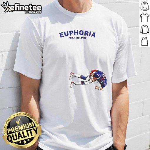 Official Euphoria Fear Of Average John Elway Denver Broncos T-Shirt featuring vibrant team colors and iconic player design.