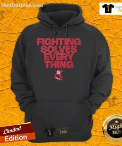 Official Fighting Solves Everything Hoodie in black with bold white text, perfect for casual wear and expressing your passion.