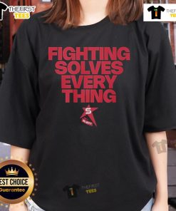 Official Fighting Solves Everything Ladies Tee featuring a bold graphic design perfect for casual wear and expressing confidence.