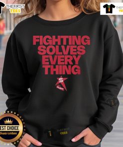 Alt Text: Stylish Official Fighting Solves Everything Sweatshirt in black, featuring bold white lettering and a comfortable fit.