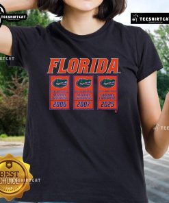 Official Florida Basketball 2025 NCAA Champions Banners Ladies Tee showcasing team pride and championship spirit.