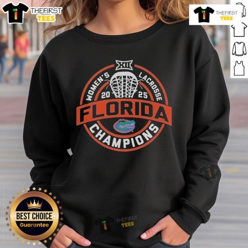 Official Florida Gators 2025 Big 12 Women's Lacrosse Champions Sweatshirt featuring team colors and logo.