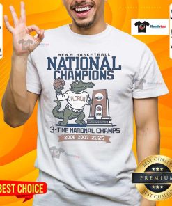 Alt Text: Florida Gators Champion T-Shirt celebrating three-time NCAA Men's Basketball National Champions in vibrant colors.