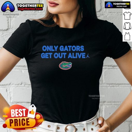 Official Florida Gators 'Only Gators Get Out Alive' ladies tee showcasing team spirit and comfort for fans.
