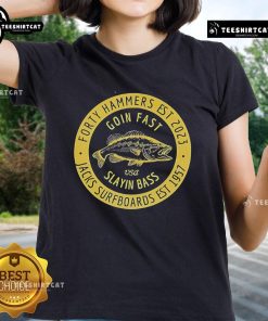 Official Forty Hammers Slaying Bass Ladies Tee featuring a stylish design perfect for fishing enthusiasts and casual wear.