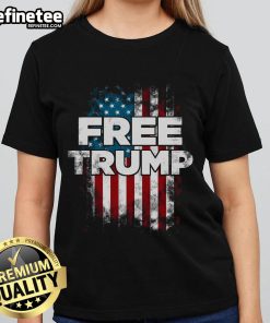 Official Free Trump America Flag Ladies Tee featuring bold patriotic design and vibrant colors for stylish support.