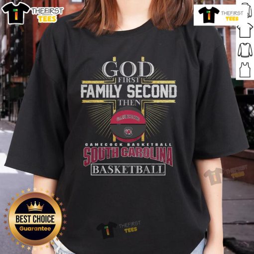 Official God First Family Second South Carolina Gamecocks Basketball Limited Edition Ladies Tee showcasing team spirit.