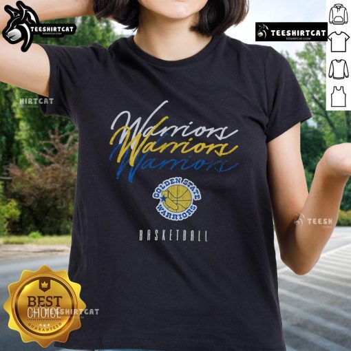 Alt Text: Official Golden State Warriors Hardwood Classics Triple Stack Ladies Tee featuring vibrant team colors and logo.