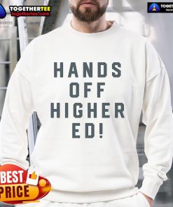 Official Hands Off Higher Ed Sweatshirt in navy blue, promoting educational freedom and student rights.