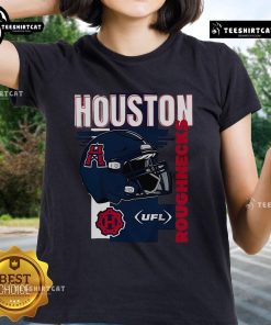 Alt Text: Official Houston Roughnecks helmet framed on a stylish ladies tee, showcasing team spirit and fashion.