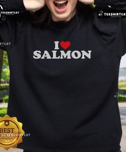 Cozy 'I Love Salmon' sweatshirt design for salmon lovers, featuring a heart and fish graphic in vibrant colors.