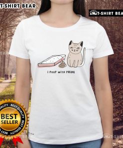 Funny ladies tee featuring a cat with 'I Poop With Pride' graphic, perfect for cat lovers and humorous fashion.