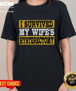 Supportive husband wearing 'I Survived My Wife's Hysterectomy' tee, showcasing love and humor during recovery.