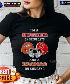 Official 'I'm A Huskers On Saturdays And A Bronco On Sundays' ladies tee showcasing team spirit and style.