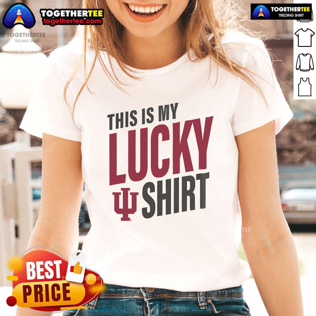 Official Indiana Hoosiers This Is My Lucky Ladies Tee Alt Text: Official Indiana Hoosiers This Is My Lucky ladies tee, featuring a stylish design perfect for fans and game day.