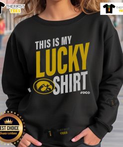 Official Iowa Hawkeyes This Is My Lucky Sweatshirt in black with gold logo, perfect for game day and fan apparel.