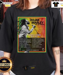 Official Julian Marley and The Uprising Colors of Royal Tour 2025 poster on a ladies tee, vibrant reggae design.